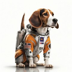 Beagle dog in astronaut suit, white background. Generative AI - obrazy, fototapety, plakaty