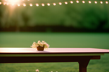 Em meio à natureza exuberante da primavera, a mesa de madeira em nosso jardim é enfeitada com flore e iluminada por luzes bokeh geradas por inteligência artificial.
