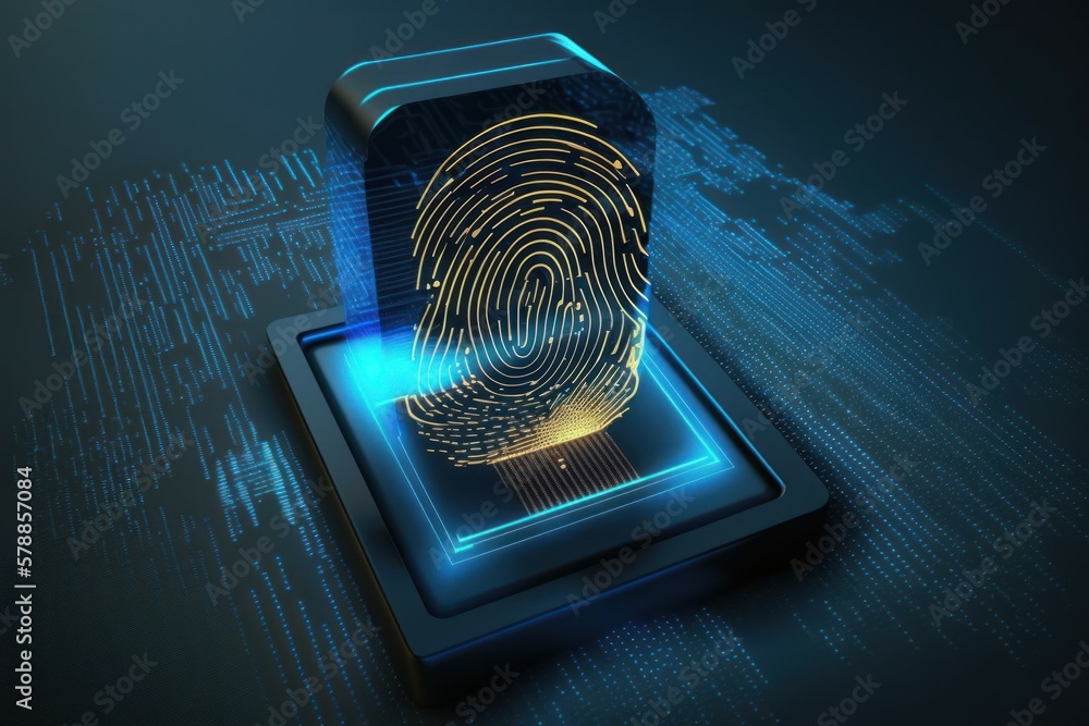 Poster digital biometri, security identify by fingerprint concept. scanning system fingerprint. ai generate