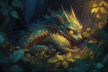 Naklejka premium Beautiful dragon in the night forest, selective focus. AI generated, human enhanced