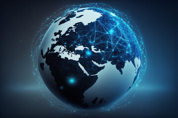 Fototapeta na wymiar Earth Communications network map of the world. Dark blue background map world global logistics network. AI generated