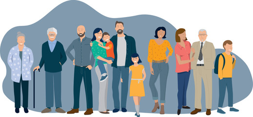 illustration vectorielle représentant un groupe de personnages, une famille composée de plusieurs générations, grands parents, enfants et petits enfants - obrazy, fototapety, plakaty