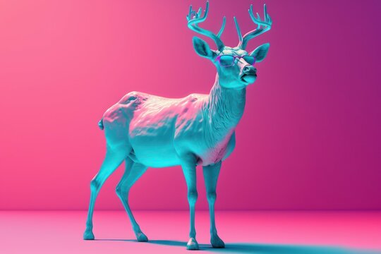Neon cyberpunk futuristic portrait of reindeer with large strong horns and sunglasses. purple lights. AI generated