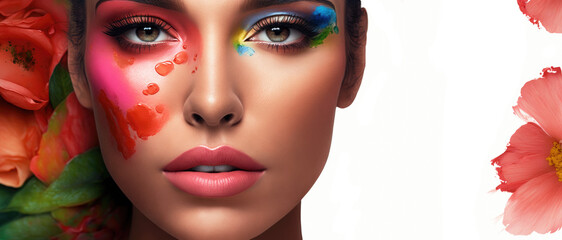 Beauty Makeup. Beautiful model with creative colorful makeup and flower petals isolated on white. Cosmetics and skincare banner. Generative AI