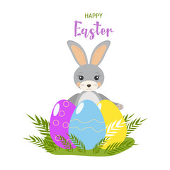 Easter banner. Modern Easter design with text. Vector illustration. Poster, poster, flyer. Cute cartoon colic and bright colored Easter eggs.