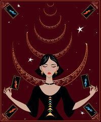 A beautiful elegant lady future teller in luxurious velvet holds taro cards. Tarot divination.