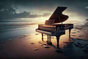 Piano on the beach. Generative AI