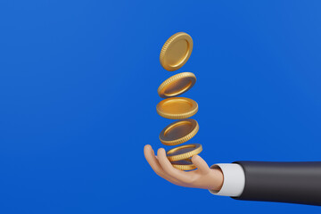 Gold coin falling into businessman hand business take profit, 3D rendering.