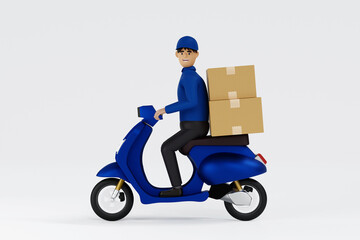 Delivery man on scooter delivery parcel box, shipment service and mail delivery courier concept, 3D rendering.