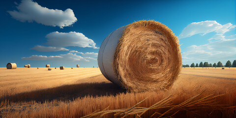 Illustration of hay bales in a harvested field. Generative AI.