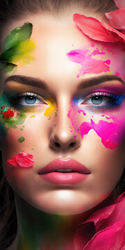 Beauty Makeup. Beautiful model with creative colorful makeup and flower petals. Vertical cosmetics banner. Generative AI