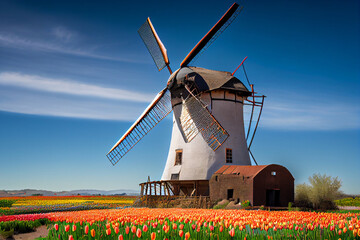 Illustration of a traditional Dutch windmill in a field of flowers. Generative AI.