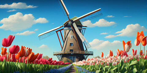 Illustration of a traditional Dutch windmill in a field of flowers. Generative AI. - obrazy, fototapety, plakaty