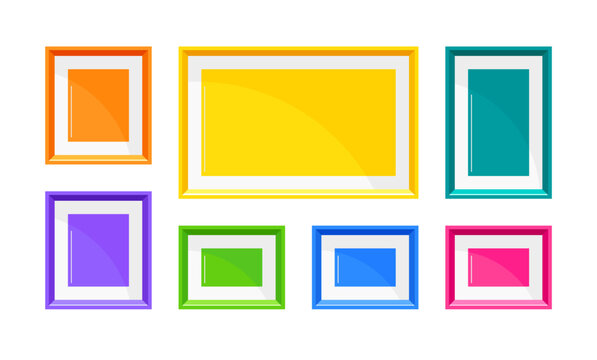 Blank picture frames for photo or paintings on wall. Gallery template with rectangle posters with colorful borders and glass. Empty photography frames collage, vector cartoon illustration
