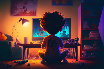 Cute cartoon boy character with curly hair playing video games in his room. back view of a child sitting in front of a monitor, colorful lights and cartoon style