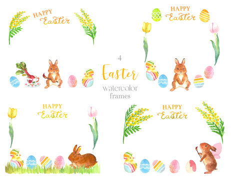 Set of 4 cheerful Easter frames painted in watercolor