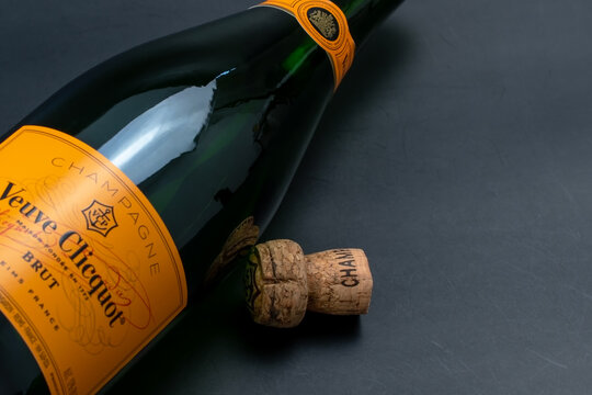 Veuve Clicquot, The Widow Clicquot, famous elite champagne, bottle of wine and champagne cork on a black background, Manhattan, New York City, NY, USA, March 9, 2023