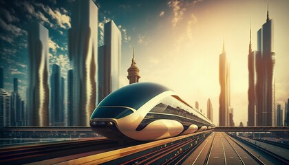 Naklejka na ściany i meble Futuristic speed maglev magnetic cushion train with city background. Generative AI