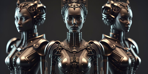 three android bioemechanical beautiful queen robots looking at the camera.