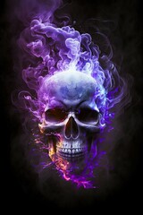 Skull with violet blue smoke flames. Generative AI