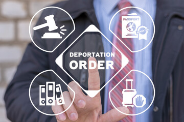 Man using virtual touchscreen presses inscription: DEPORTATION ORDER. Concept of deportation,...