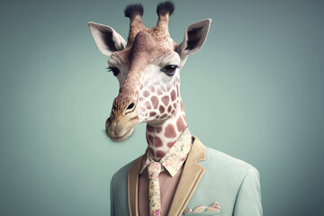 Giraffe wearing pastel colored suit, Generative AI