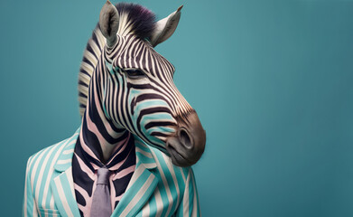 Zebra wearing pastel colored striped suit, copy space, Generative AI