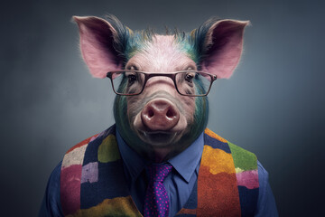 Pig wearing colorful suit and glasses, Generative AI