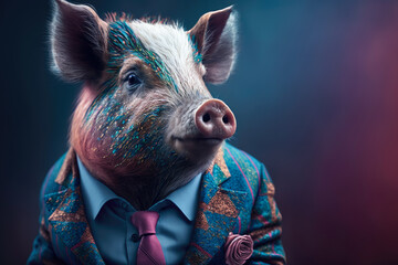 Creative pig model wearing suit, Generative AI