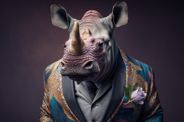 Portrait of rhinoceros wearing suit with flower, Generative AI