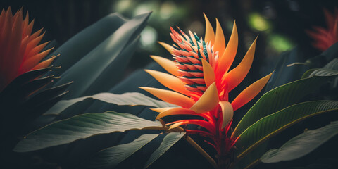 Exotic tropical flower and lush foliage, Generative AI