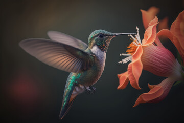 Humingbird flying among flowers, Generative AI