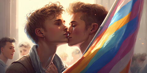 A tender kiss of two handsome men surrounded by the LGBTQ+ flag and festive ribbons - obrazy, fototapety, plakaty