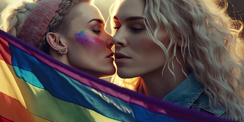 Two young women in love kissing with the LGBTQ+ flag and ribbons flying in the background