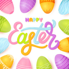 Happy Easter lettering card frame egg colorful. Rainbow lettering classic traditional spring background candy colored font painted eggs geometric pattern set kid handwritten cute religious holiday