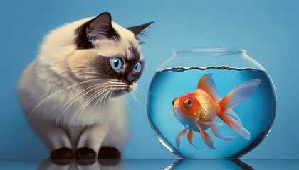 Small kitten looks at goldfish in circle fish bowl, AI generative