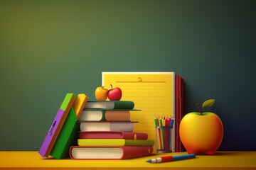 books on the table in front of the blackboard in the classroom