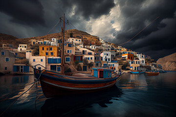 Obraz premium Illustration of a Greek fishing village. Generative AI.