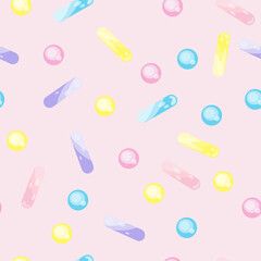 Seamless pattern of pink glaze for donuts with lots of decorative sprinkles. Background design for banner, packaging, poster, fabric, flyers, postcards.