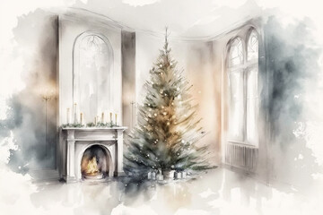 Christmas tree by a large high ceiling fireplace with window watercolor, Generative AI