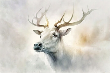 Close up of a reindeer watercolor, Generative AI