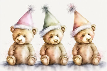 Three cute little plump teddy bears sitting with Christmas hats on watercolor, Generative AI