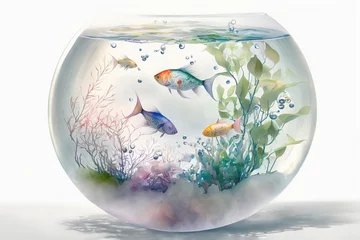 Fotobehang Fish swimming in a round goldfish bowl  watercolor, Generative AI © gridspot