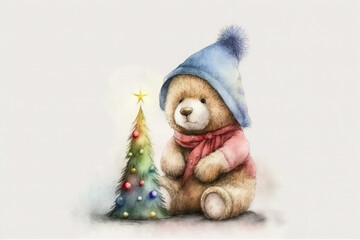 Teddy bear with a blue hat and red scarf looking at a rainbow Christmas tree watercolor, Generative AI