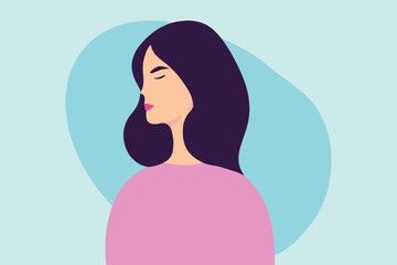 Caucasian woman portrait in profile, long hair, closed eyes, inspired, pensive, pastel colors, flat design, minimalist