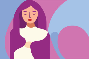 stylized woman portrait, long hair, closed eyes, romantic, inspirational, pastel colors, flat design, minimalist, abstract background