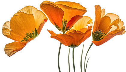 isolated orange California poppies, spring, illustration, transparent background, png, generative ai