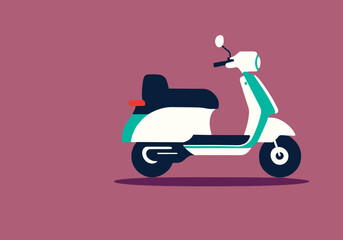 Fototapeta na wymiar scooter, old delivery motorcycle, white and green, vespa, retro, flat design, minimalist, magenta background