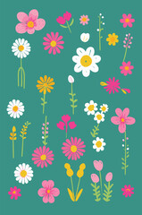 collection of spring flowers, colorful, minimalist, beautiful, pastel colors, green background, pattern