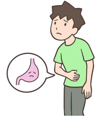 胃の調子が悪い人、お腹に手を当てる男性